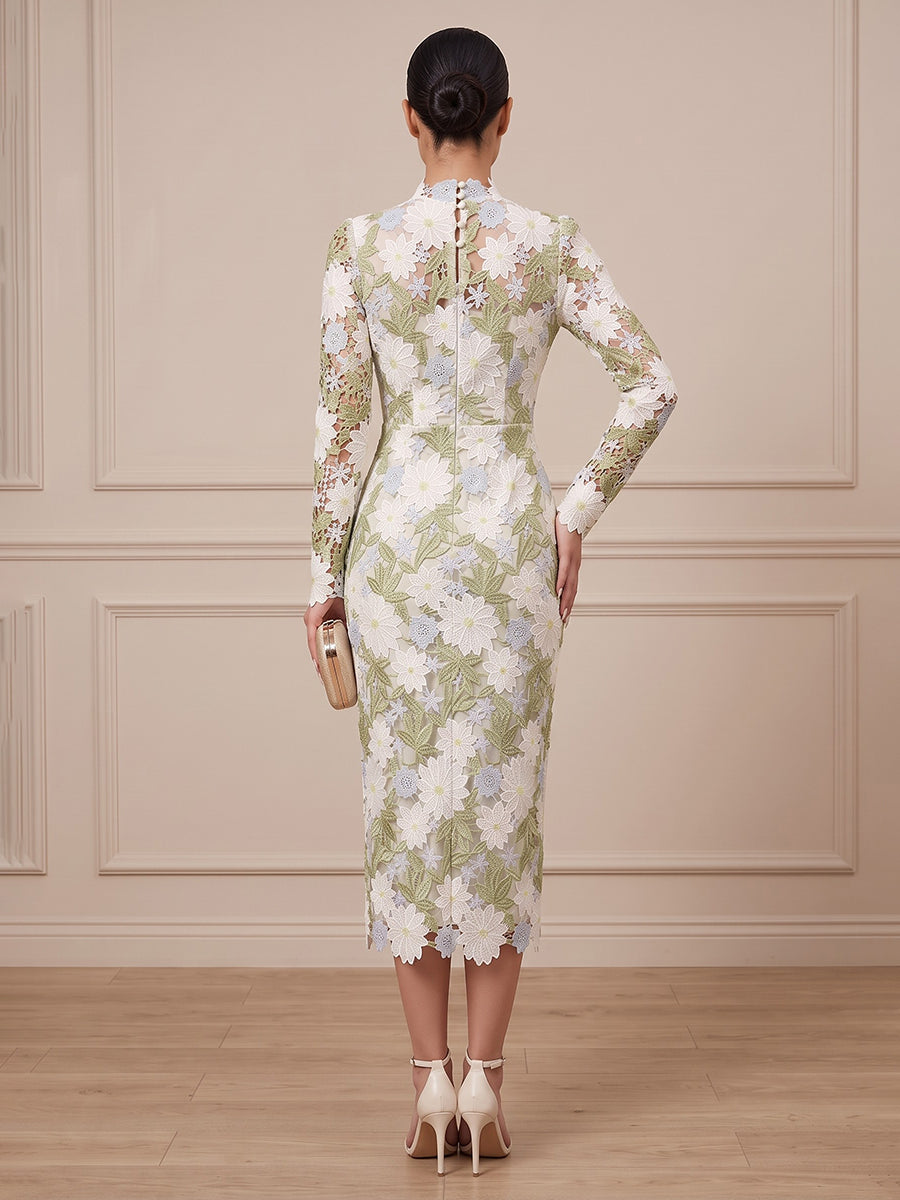 Tulle Sheath High Neck Tea Length Floral Embroidery Cocktail Dresses