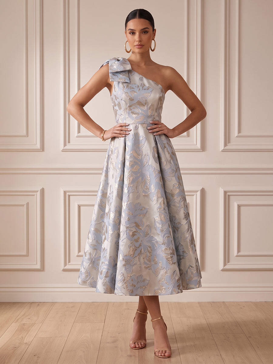 Satin Jacquard A Line One Shoulder Tea Length Fitted Waist Cocktail Dresses