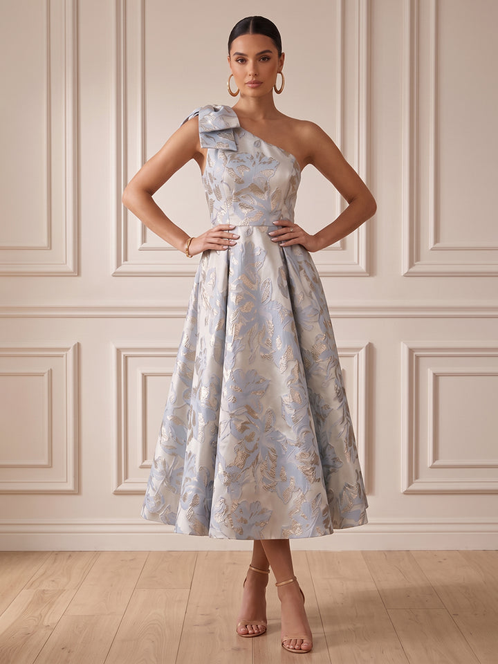 Satin Jacquard A Line One Shoulder Tea Length Fitted Waist Cocktail Dresses