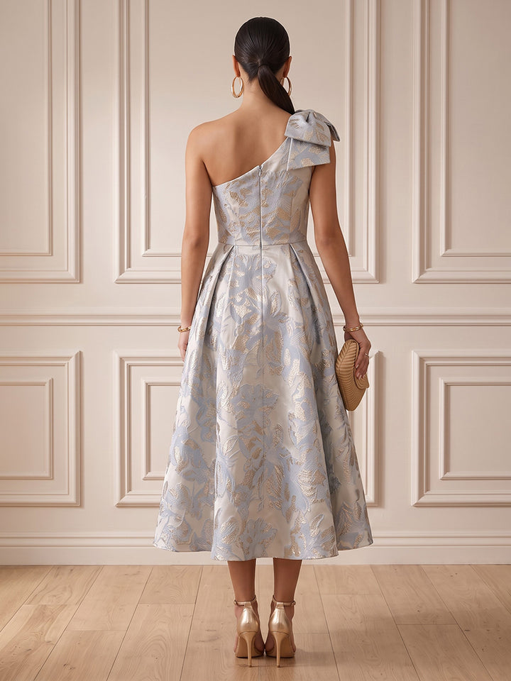 Satin Jacquard A Line One Shoulder Tea Length Fitted Waist Cocktail Dresses