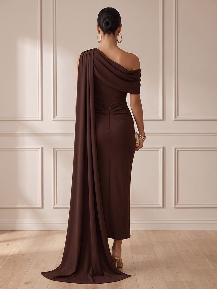 Stretch Mesh Sheath One Shoulder Tea Length Ruched Cocktail Dresses