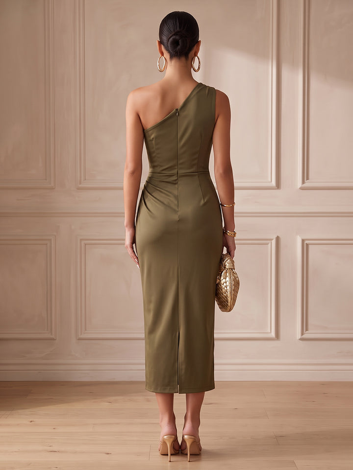 Satin Sheath One Shoulder Tea Length Ruched Cocktail Dresses