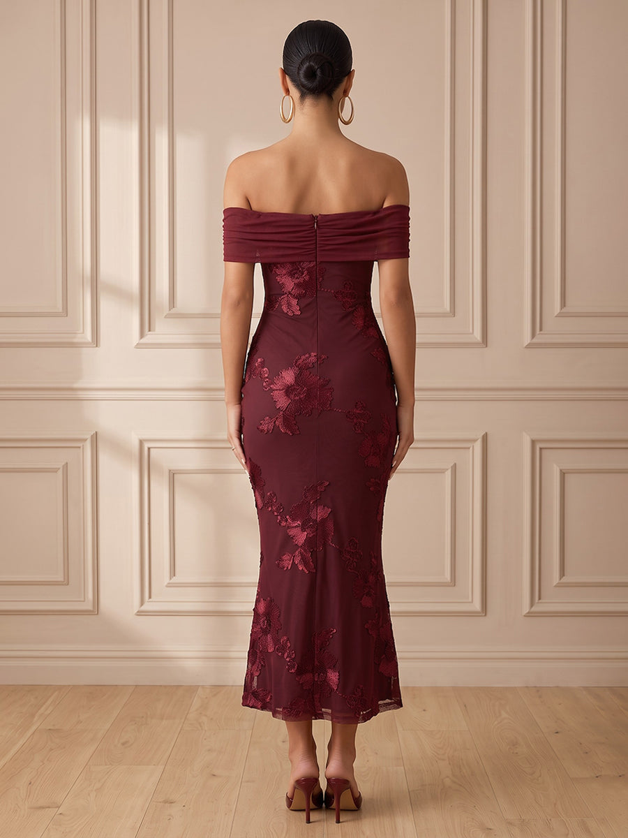 Tulle Mermaid Off the Shoulder Tea Length Floral Embroidery Cocktail Dresses