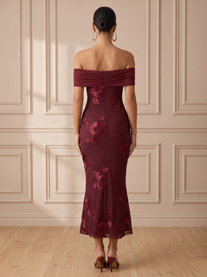 Tulle Mermaid Off the Shoulder Tea Length Floral Embroidery Cocktail Dresses