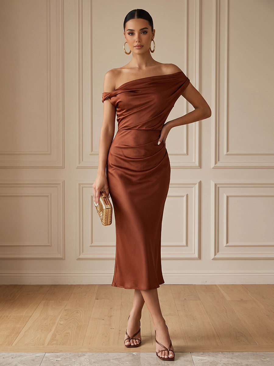 Satin Mermaid Off the Shoulder Tea Length Ruched Cocktail Dresses