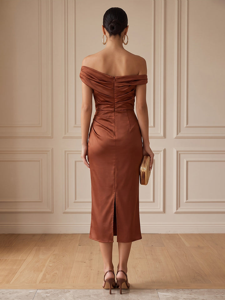 Satin Mermaid Off the Shoulder Tea Length Ruched Cocktail Dresses