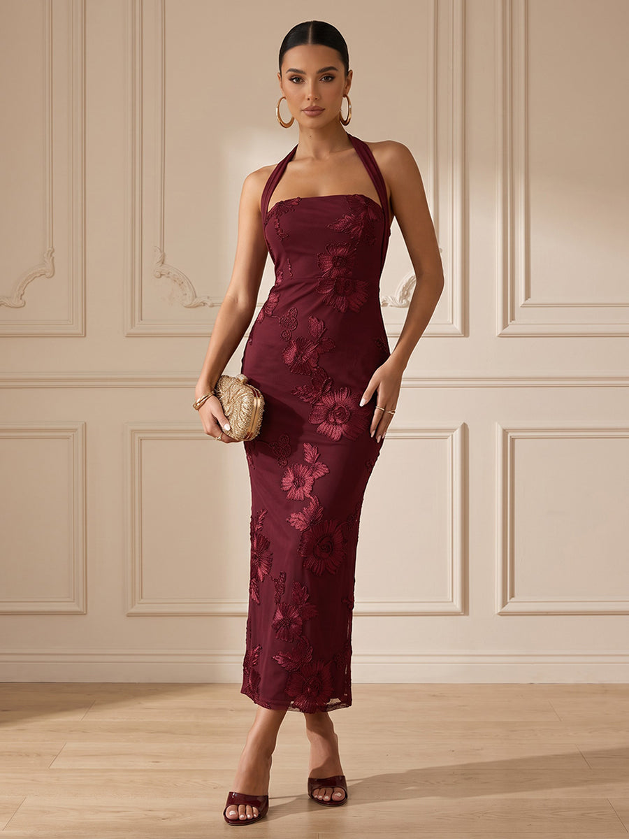 Tulle Mermaid Halter Ankle Length Floral Embroidery Cocktail Dresses