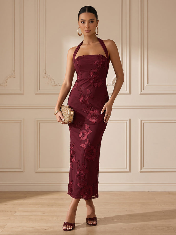Tulle Mermaid Halter Ankle Length Floral Embroidery Cocktail Dresses