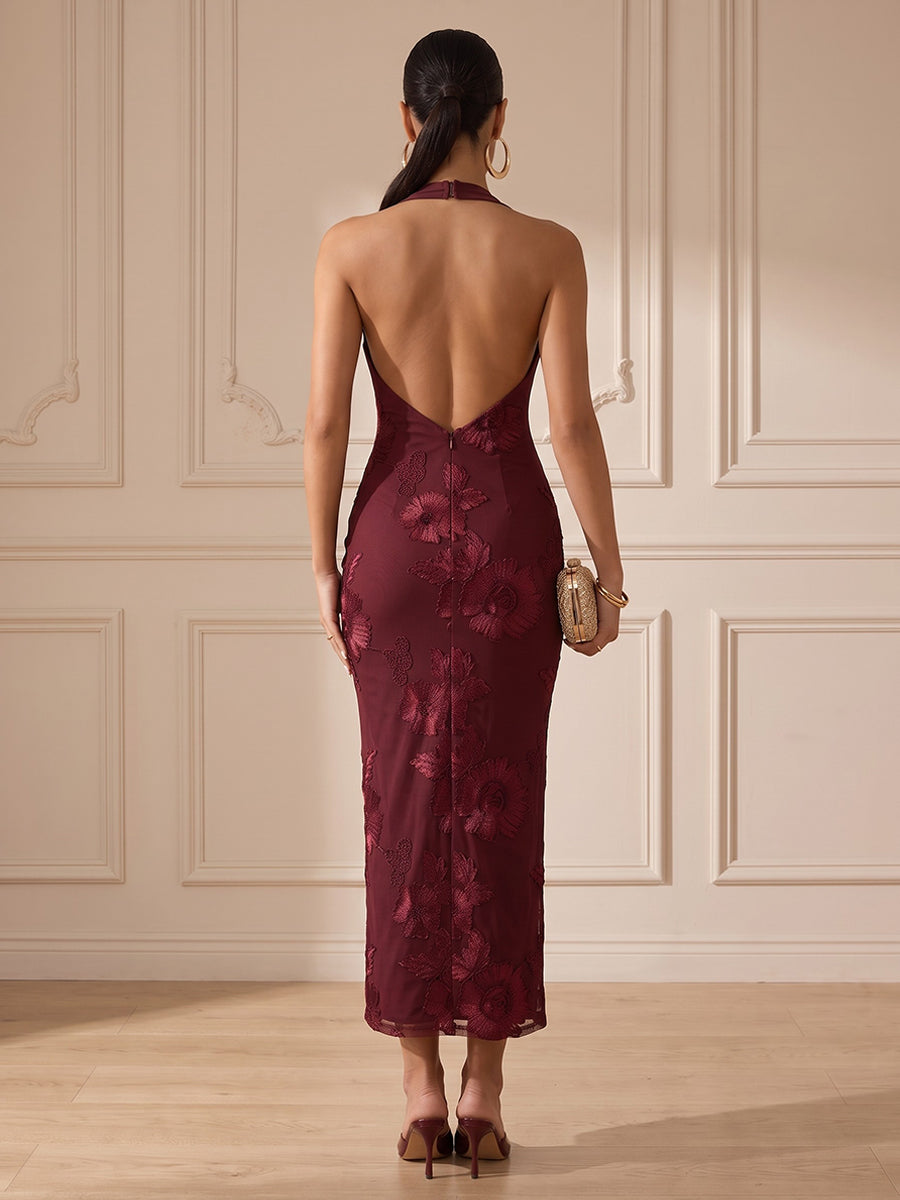Tulle Mermaid Halter Ankle Length Floral Embroidery Cocktail Dresses