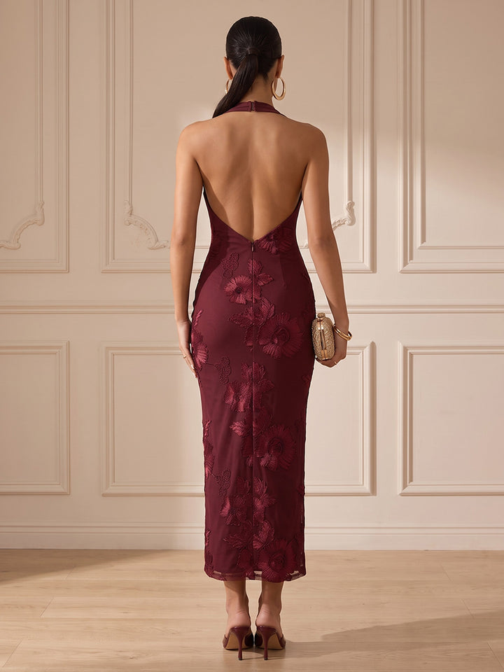 Tulle Mermaid Halter Ankle Length Floral Embroidery Cocktail Dresses