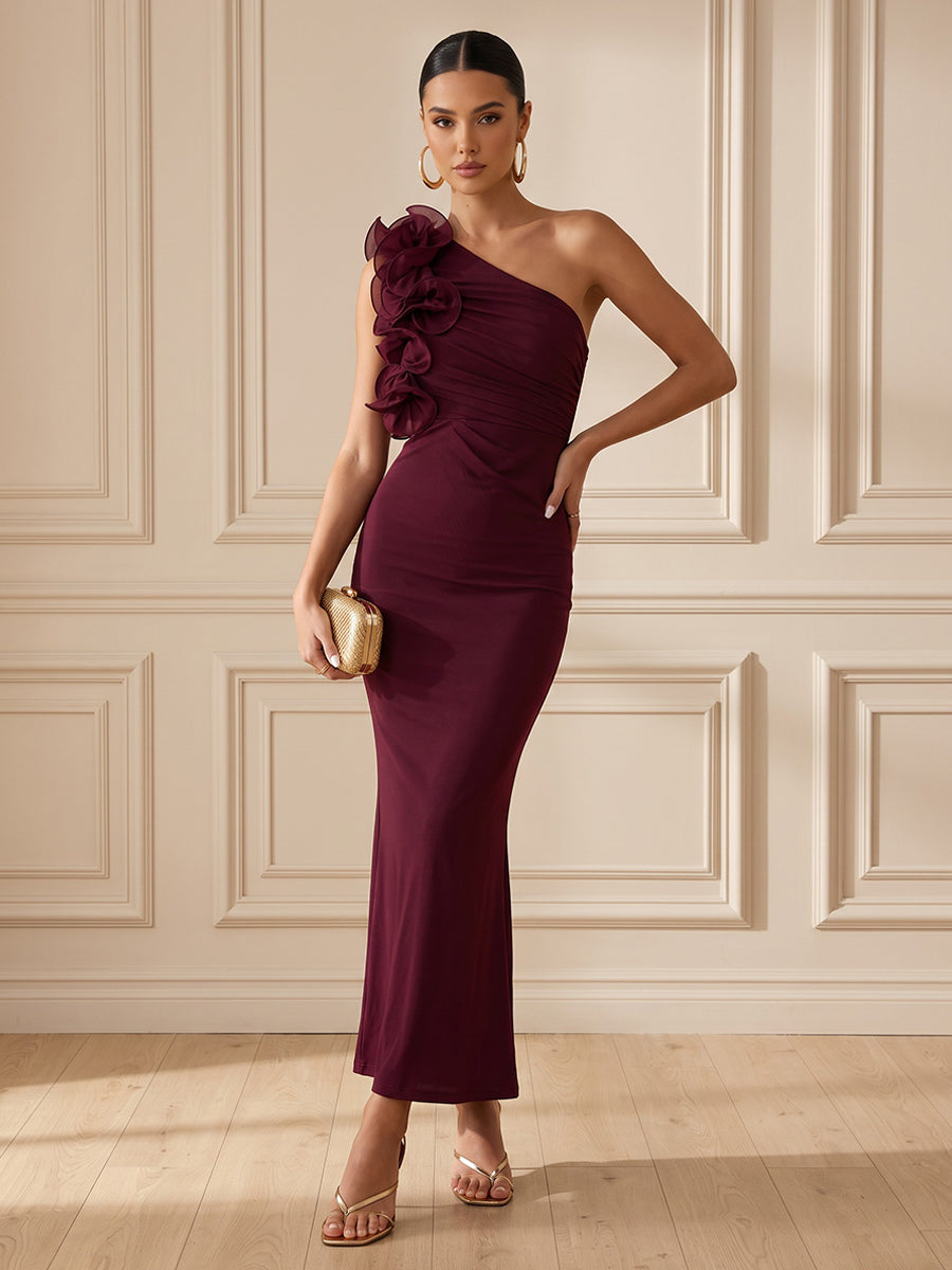 Stretch Mesh Sheath One Shoulder Ankle Length Ruched Cocktail Dresses