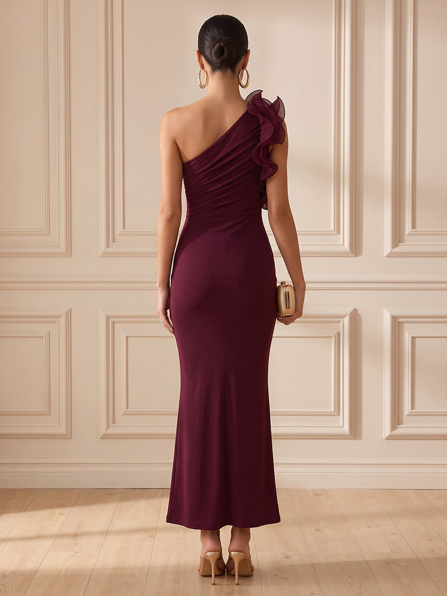 Stretch Mesh Sheath One Shoulder Ankle Length Ruched Cocktail Dresses