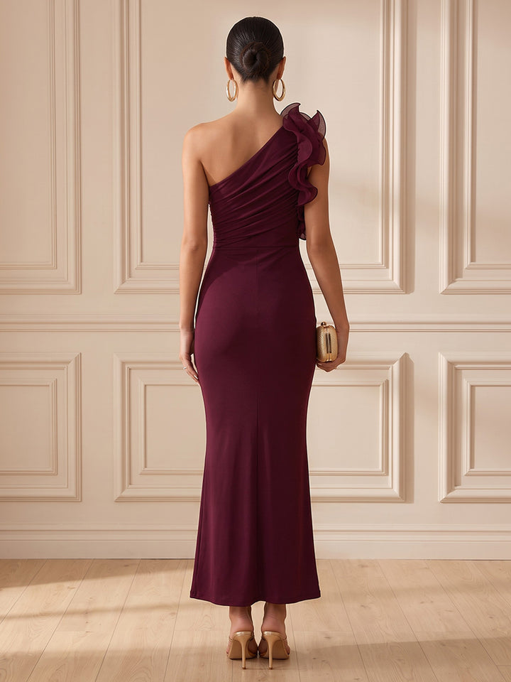 Stretch Mesh Sheath One Shoulder Ankle Length Ruched Cocktail Dresses