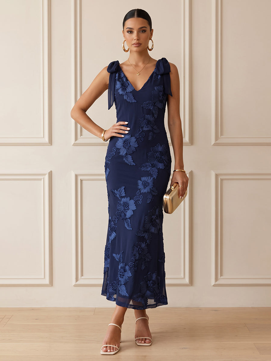 Tulle Sheath V Neck Ankle Length Floral Embroidery Cocktail Dresses