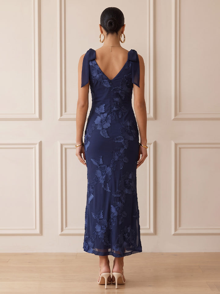 Tulle Sheath V Neck Ankle Length Floral Embroidery Cocktail Dresses