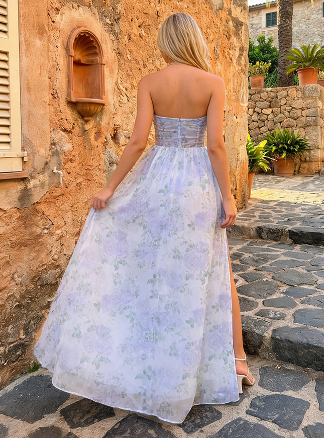 Floral Strapless A Line Formal Dresses with Slit
