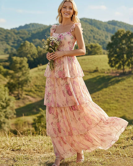 Floral Ruffles Spaghetti Straps A Line Wedding Guest Dresses with Tiered