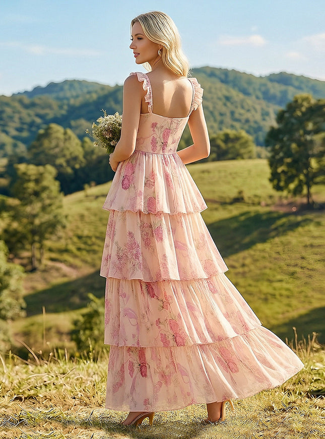 Floral Ruffles Spaghetti Straps A Line Wedding Guest Dresses with Tiered