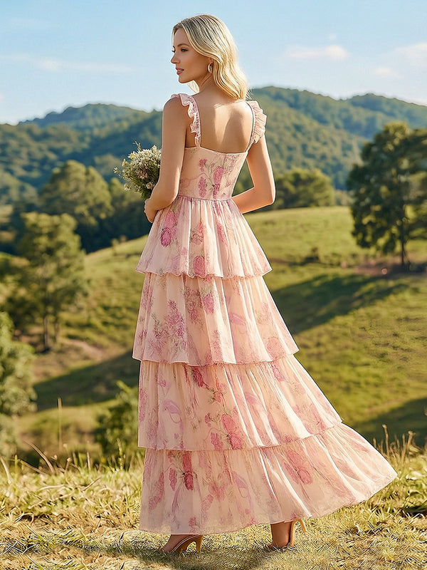 Floral Ruffles Spaghetti Straps A Line Wedding Guest Dresses with Tiered