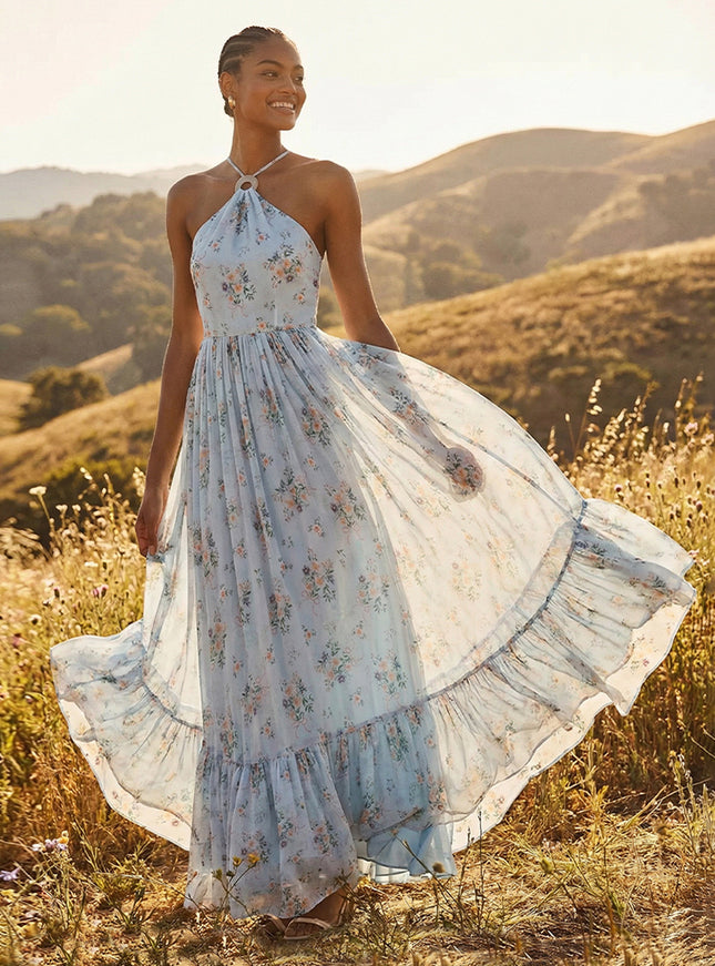 Floral Halter A Line Wedding Guest Dresses Long Party Gowns