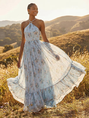 Floral Halter A Line Wedding Guest Dresses Long Party Gowns