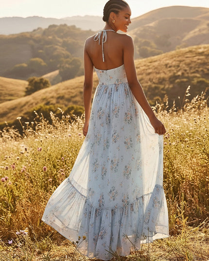 Floral Halter A Line Wedding Guest Dresses Long Party Gowns