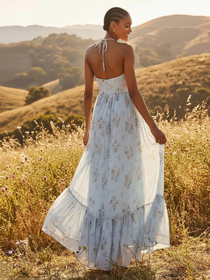 Floral Halter A Line Wedding Guest Dresses Long Party Gowns