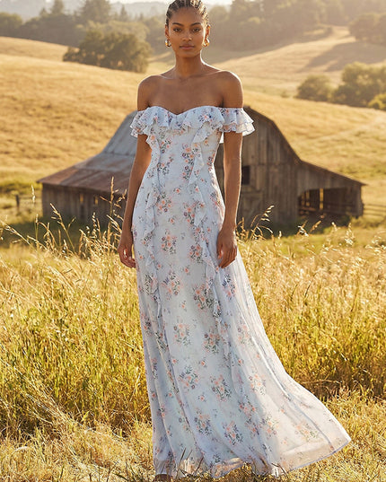 Floral Off the Shoulder Ruffles A Line Wedding Guest Dresses