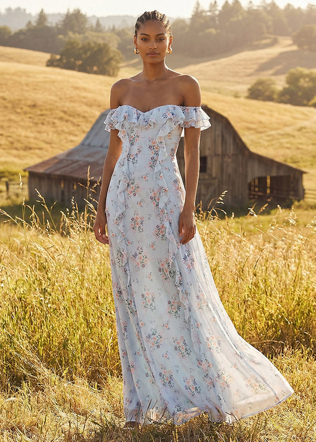 Floral Off the Shoulder Ruffles A Line Wedding Guest Dresses