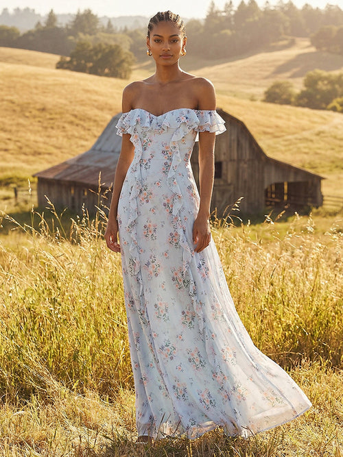 Floral Off the Shoulder Ruffles A Line Wedding Guest Dresses