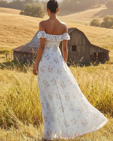 Floral Off the Shoulder Ruffles A Line Wedding Guest Dresses