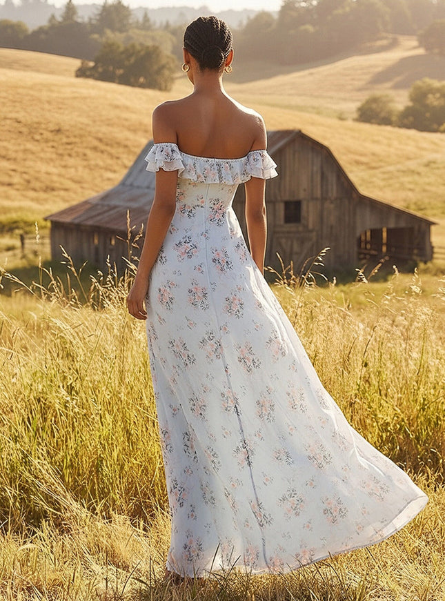 Floral Off the Shoulder Ruffles A Line Wedding Guest Dresses