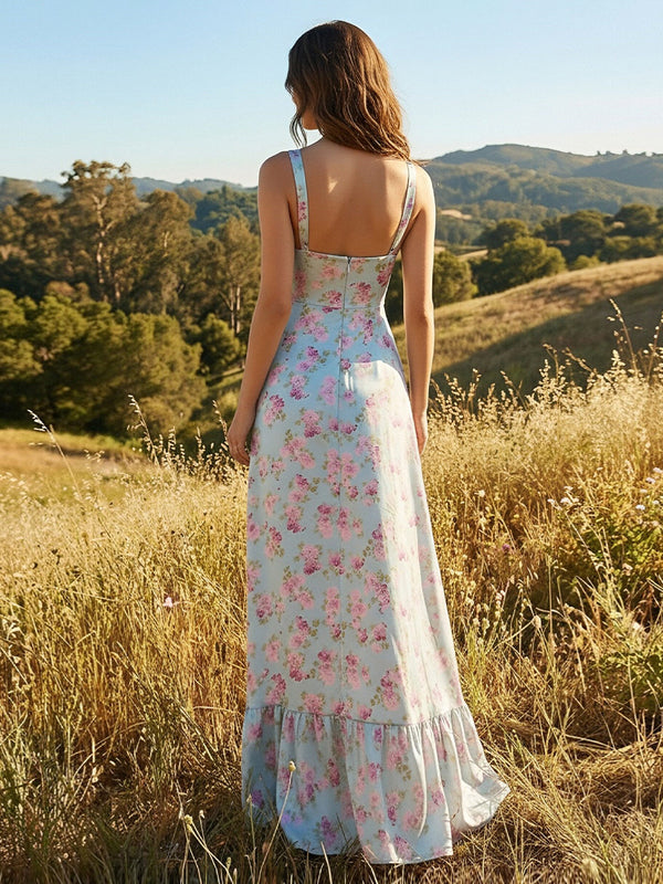 Spaghetti Straps Floral A Line Wedding Guest Dresses with Slit