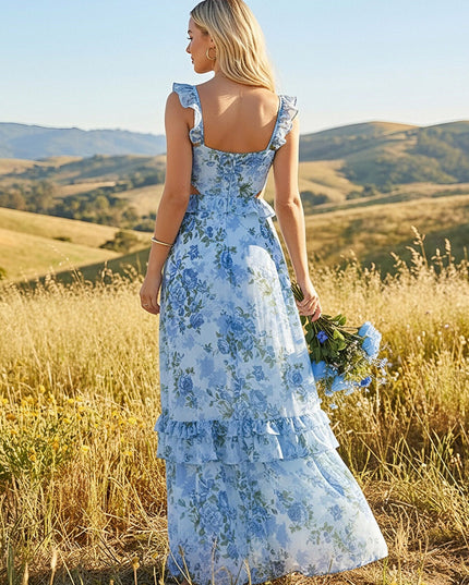 Floral V Neck A Line Wedding Guest Dresses Ruffled Straps Party Gowns