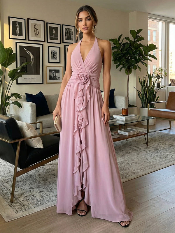 Chiffon A Line V Neck Floor Length Wedding Guest Dresses