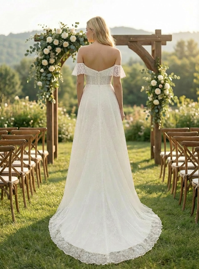 Laces A Line Off the Shoulder Long Wedding Dresses