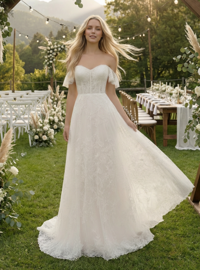 Laces A Line Off the Shoulder Long Wedding Dresses