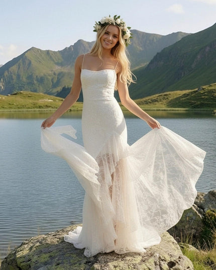 Laces Mermaid Strapless Long Wedding Dresses