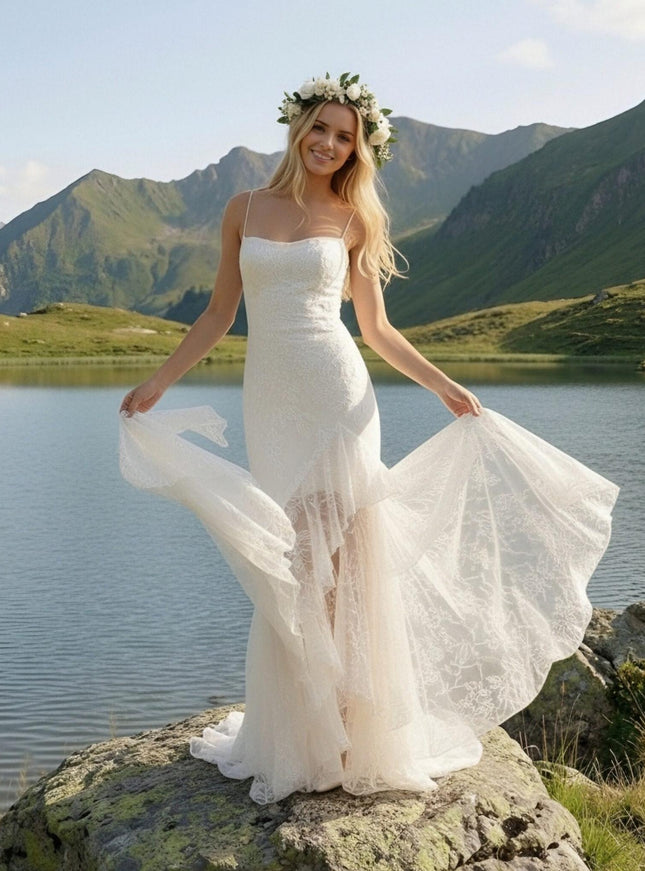 Laces Mermaid Strapless Long Wedding Dresses
