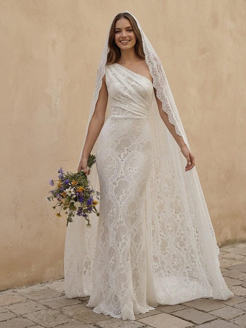 Laces Mermaid One Shoulder Long Wedding Dresses