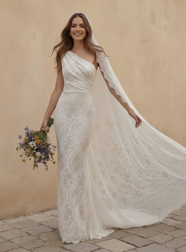 Laces Mermaid One Shoulder Long Wedding Dresses