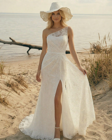 Laces Mermaid One Shoulder Long Wedding Dresses