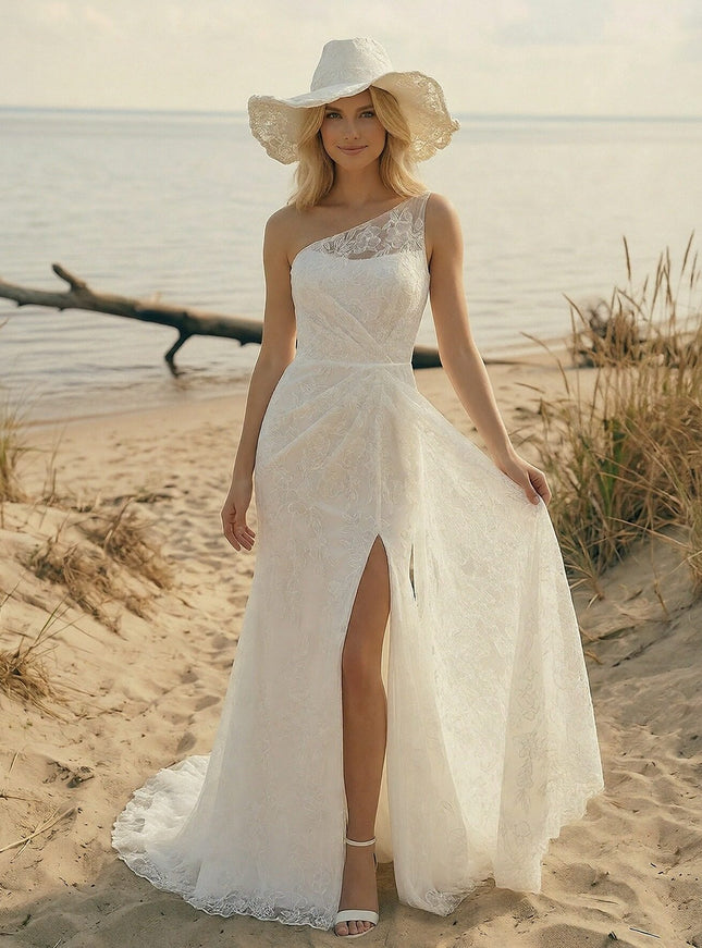 Laces Mermaid One Shoulder Long Wedding Dresses