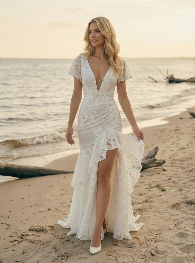 Laces Mermaid V Neck Ruffles Long Wedding Dresses
