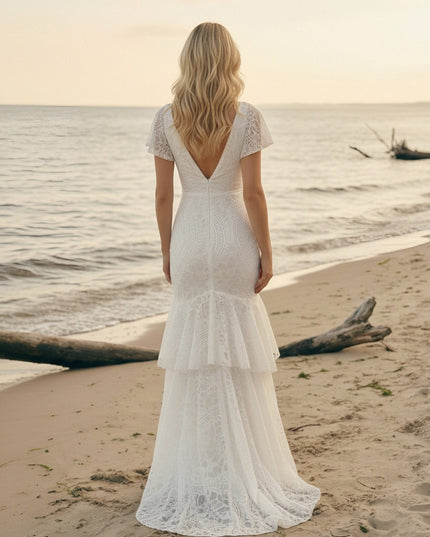 Laces Mermaid V Neck Ruffles Long Wedding Dresses
