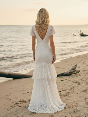 Laces Mermaid V Neck Ruffles Long Wedding Dresses