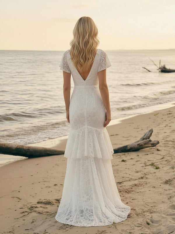 Laces Mermaid V Neck Ruffles Long Wedding Dresses