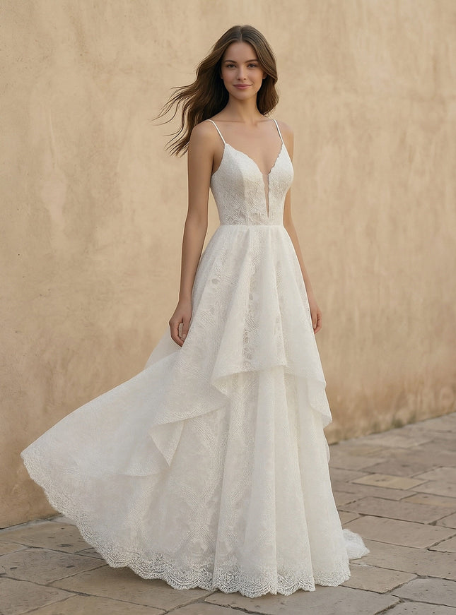 Laces A Line Spaghetti Straps Long Wedding Dresses
