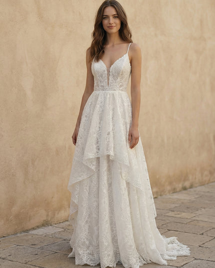 Laces A Line Spaghetti Straps Long Wedding Dresses