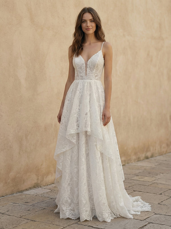 Laces A Line Spaghetti Straps Long Wedding Dresses